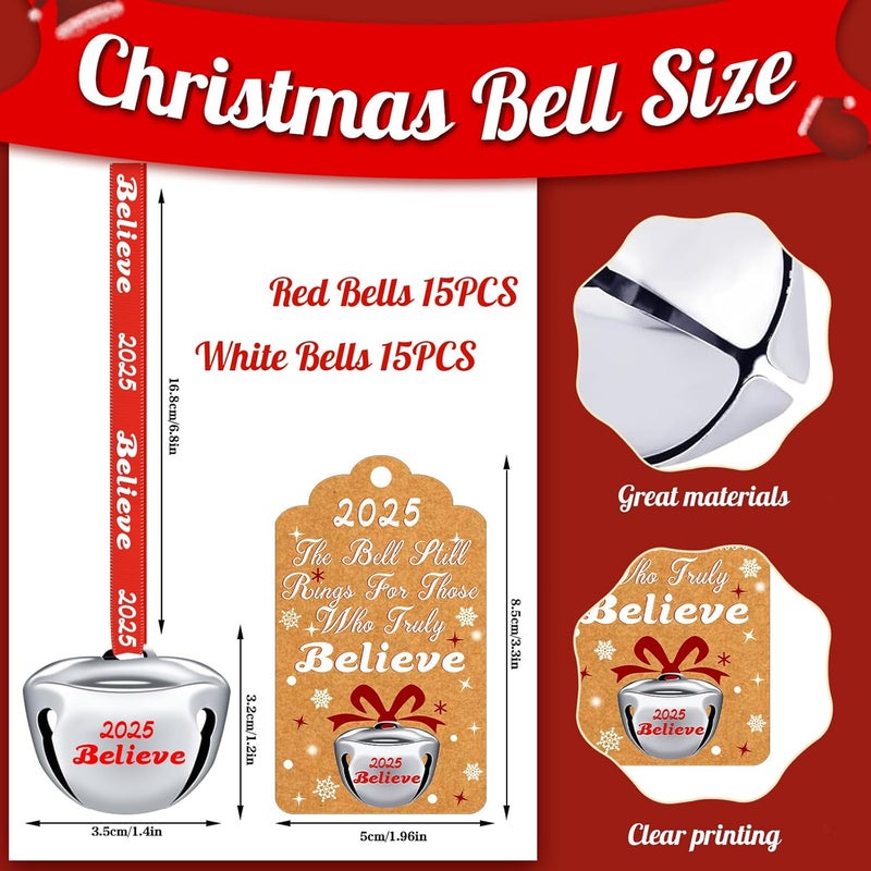 LUYI 30 Sets Christmas Bells Decor Christmas Believe Bell Ornaments Bulk Polar Express Bell Decorations Xmas Party Gifts Favors Tags Silver Sleigh Jingle Bells for Christmas Tree Decoration(1.6 Inch) - Image 2